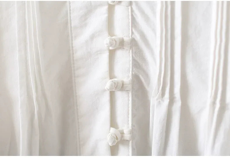 Frog Button Pleated V-Neck Long Sleeve Shirt
