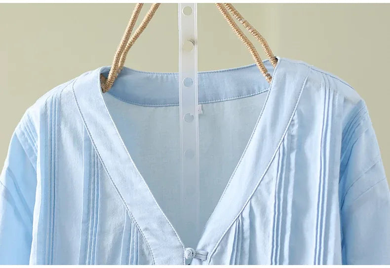 Frog Button Pleated V-Neck Long Sleeve Shirt