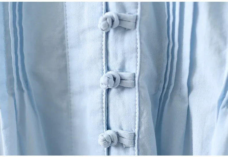 Frog Button Pleated V-Neck Long Sleeve Shirt