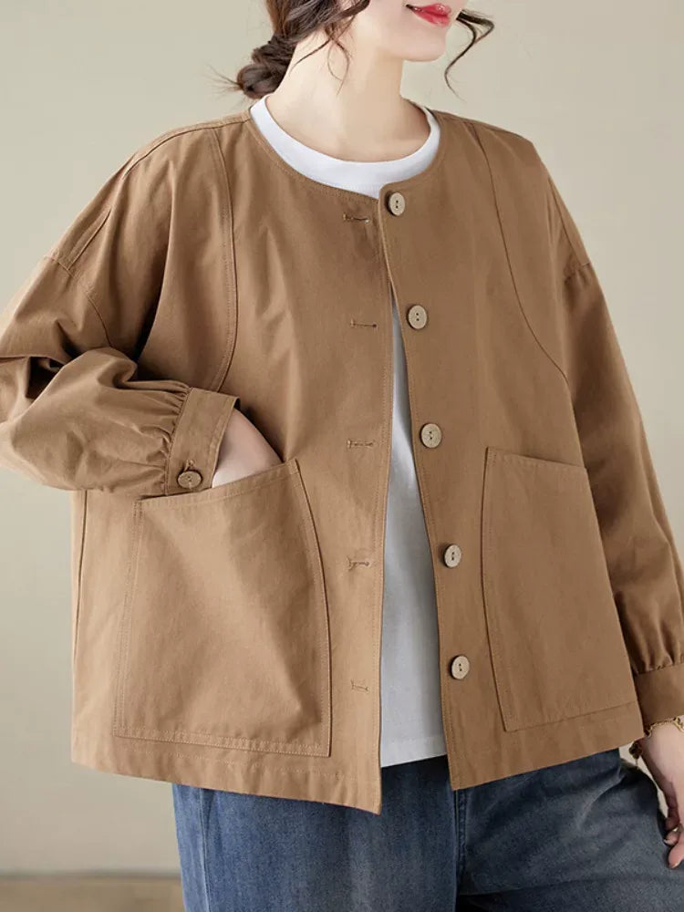 Frog-Knot Detail Round Neck Cotton Jacket