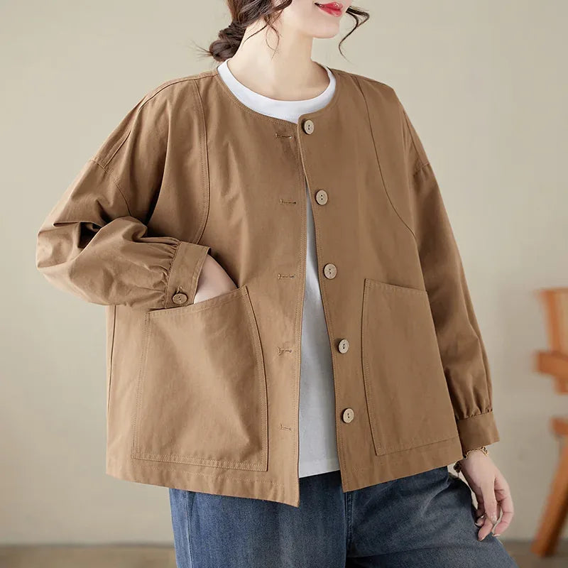 Frog-Knot Detail Round Neck Cotton Jacket