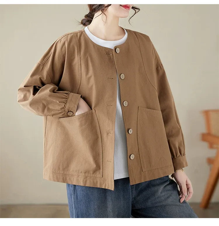 Frog-Knot Detail Round Neck Cotton Jacket