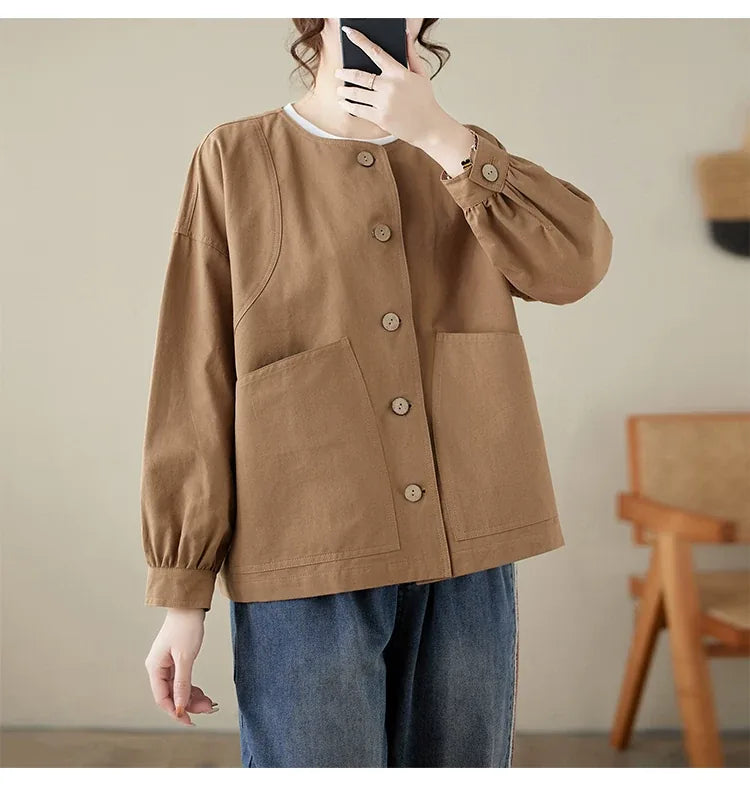 Frog-Knot Detail Round Neck Cotton Jacket