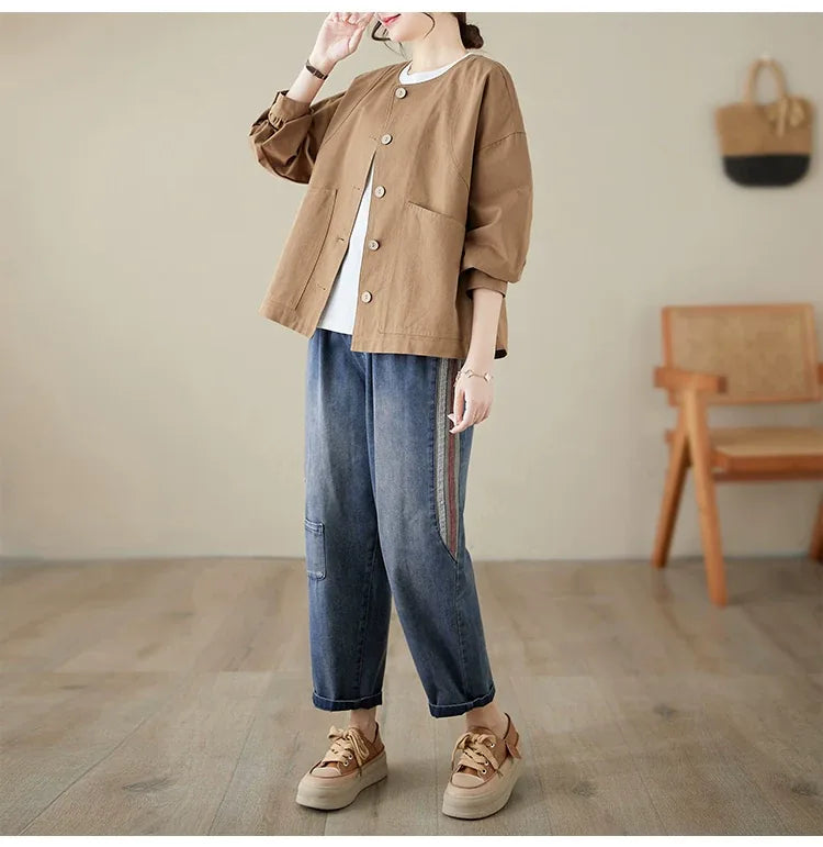 Frog-Knot Detail Round Neck Cotton Jacket
