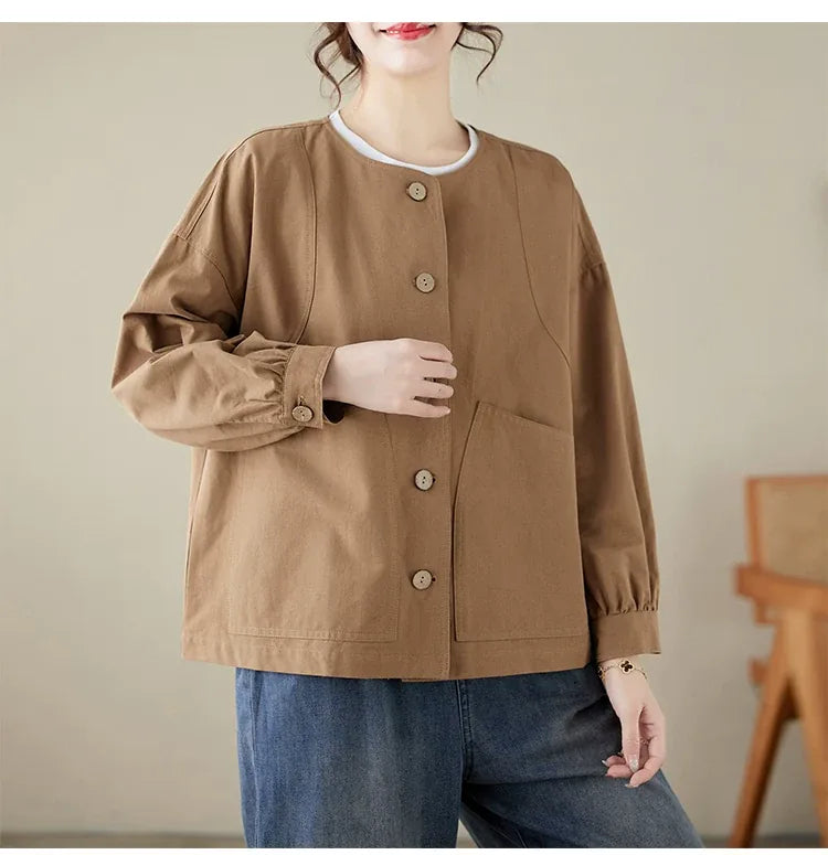 Frog-Knot Detail Round Neck Cotton Jacket