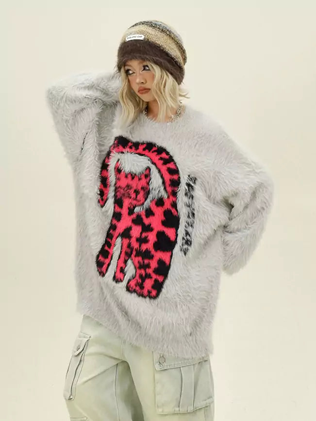 Fuzzy Leopard Cat Crew Neck Sweater