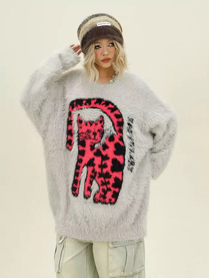 Suéter de cuello redondo con estampado de gato leopardo peludo