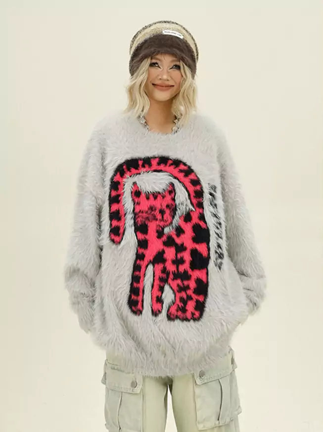 Flauschiger Leoparden-Pullover mit Rundhalsausschnitt