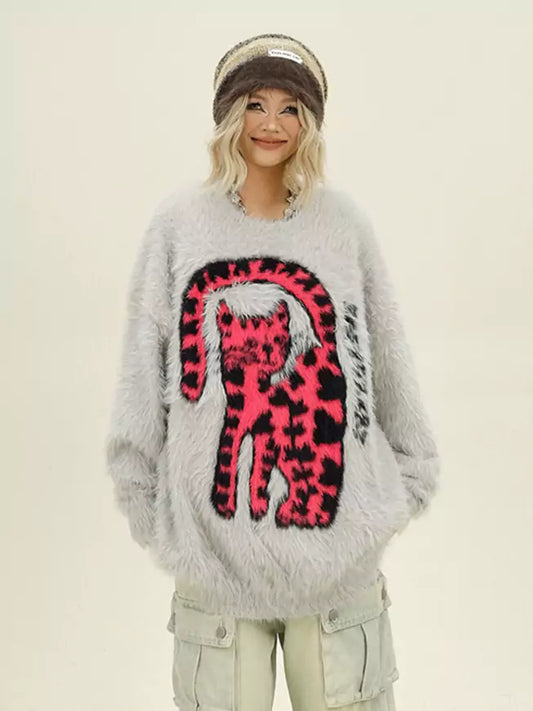 Fuzzy Leopard Cat Crew Neck Sweater