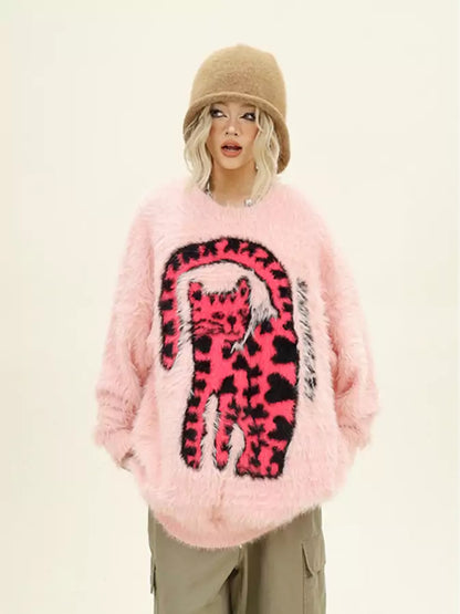 Suéter de cuello redondo con estampado de gato leopardo peludo