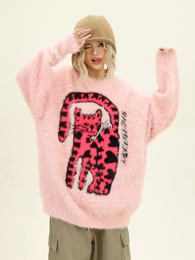 Fuzzy Leopard Cat Crew Neck Sweater