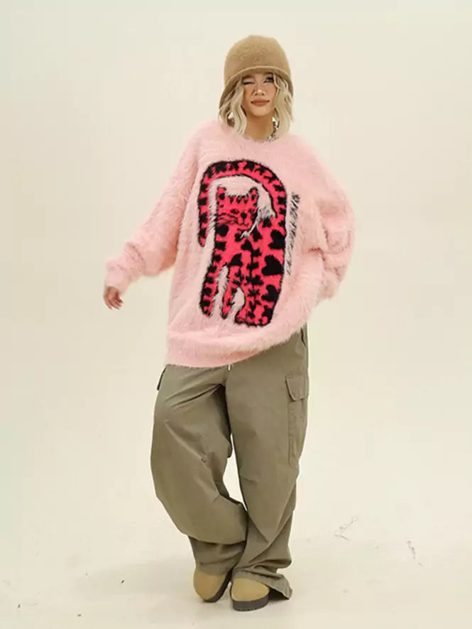 Fuzzy Leopard Cat Crew Neck Sweater