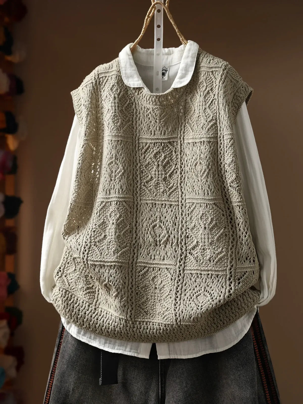 Geometric Diamond Knit Cotton Yarn Vest
