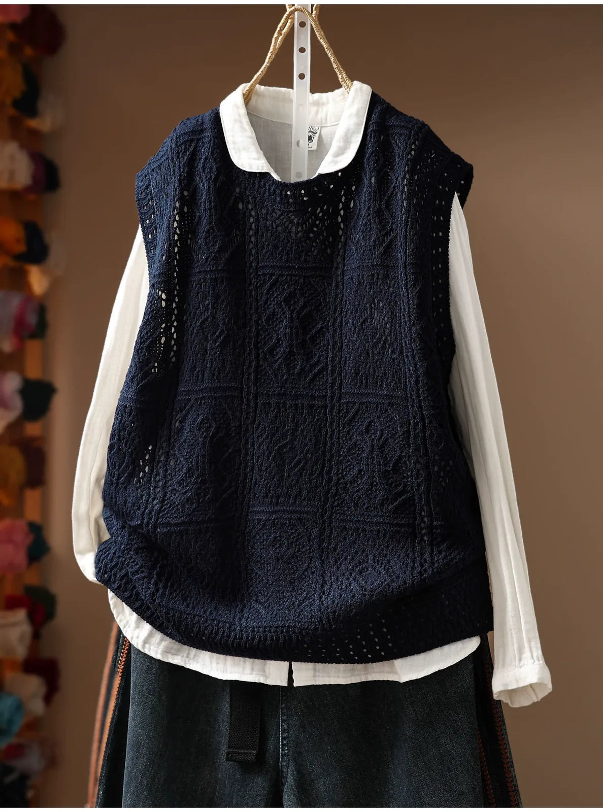 Geometric Diamond Knit Cotton Yarn Vest