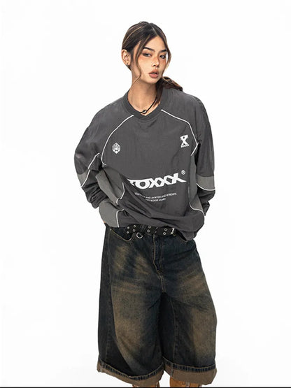 Gorpcore Sweatshirt mit Buchstabenprint, reflektierenden Streifen, lockerer Passform, BLAB