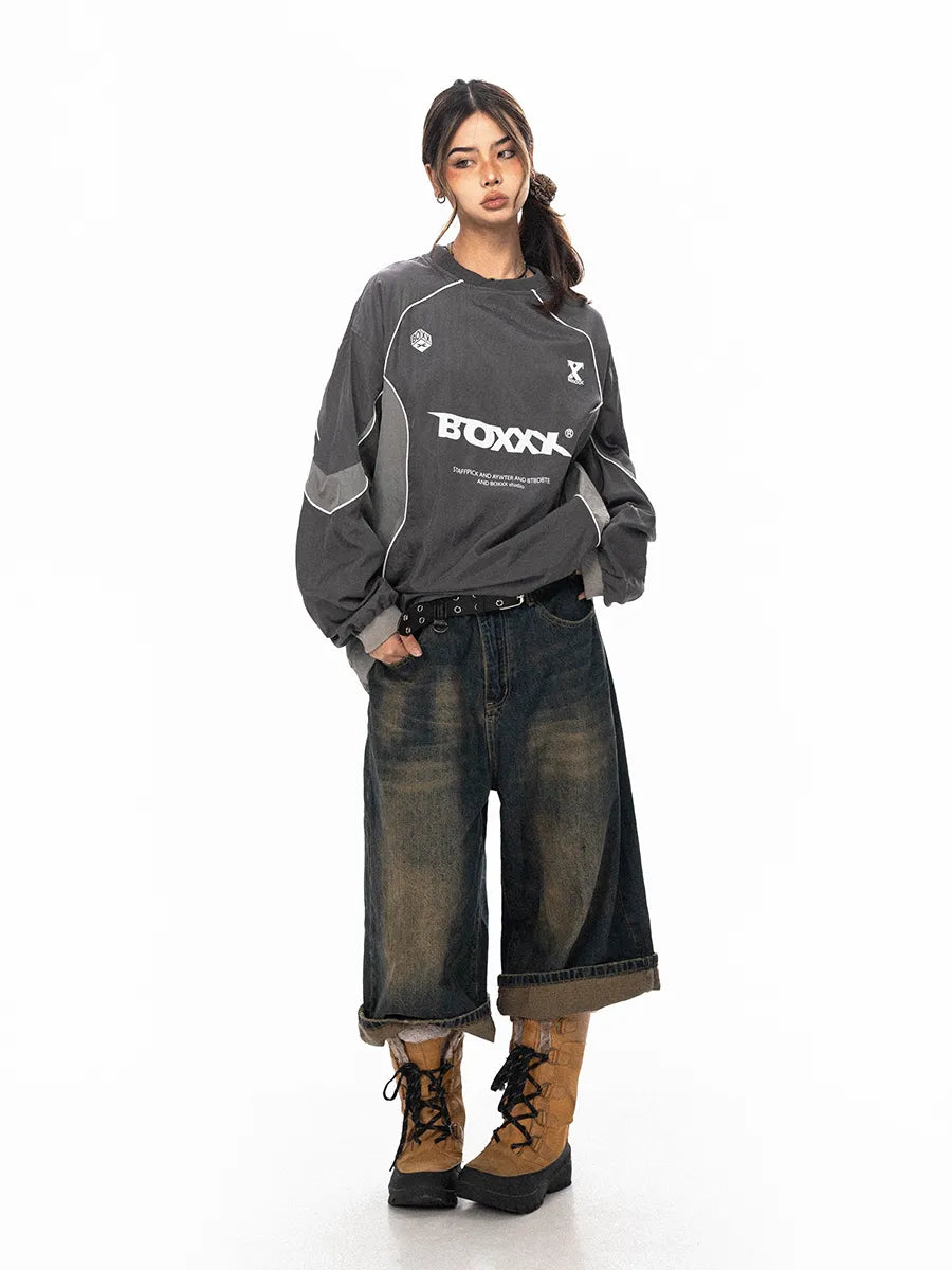 Gorpcore Sweatshirt mit Buchstabenprint, reflektierenden Streifen, lockerer Passform, BLAB