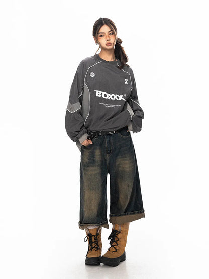 Gorpcore Sweatshirt mit Buchstabenprint, reflektierenden Streifen, lockerer Passform, BLAB