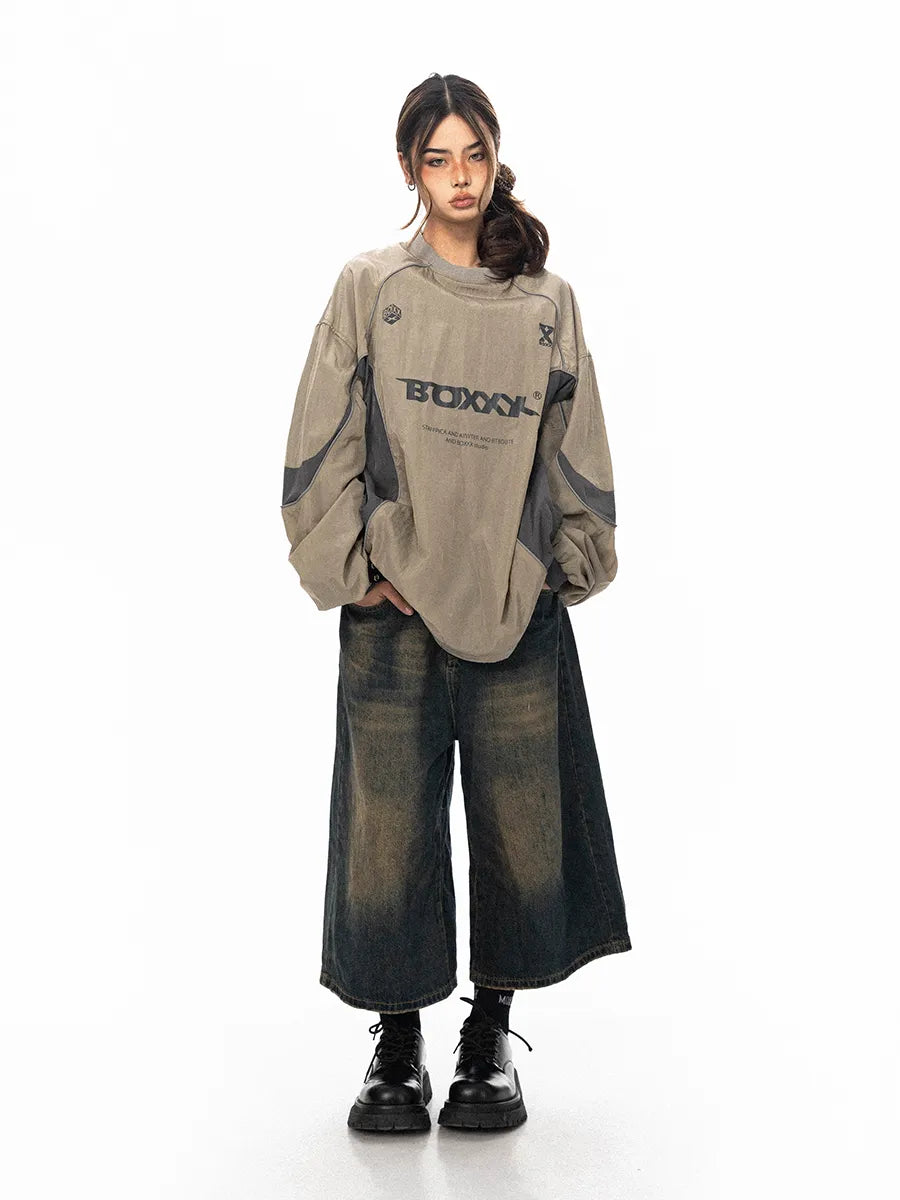 Gorpcore Sweatshirt mit Buchstabenprint, reflektierenden Streifen, lockerer Passform, BLAB