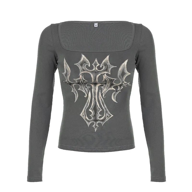 Goth Vintage Square Neck Long Sleeve Tee