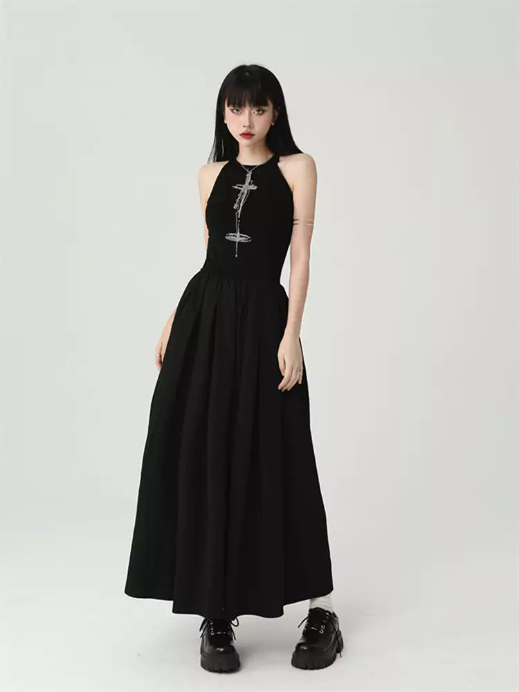 Gothic Black Cross Print Sleeveless  A-line Maxi Dress