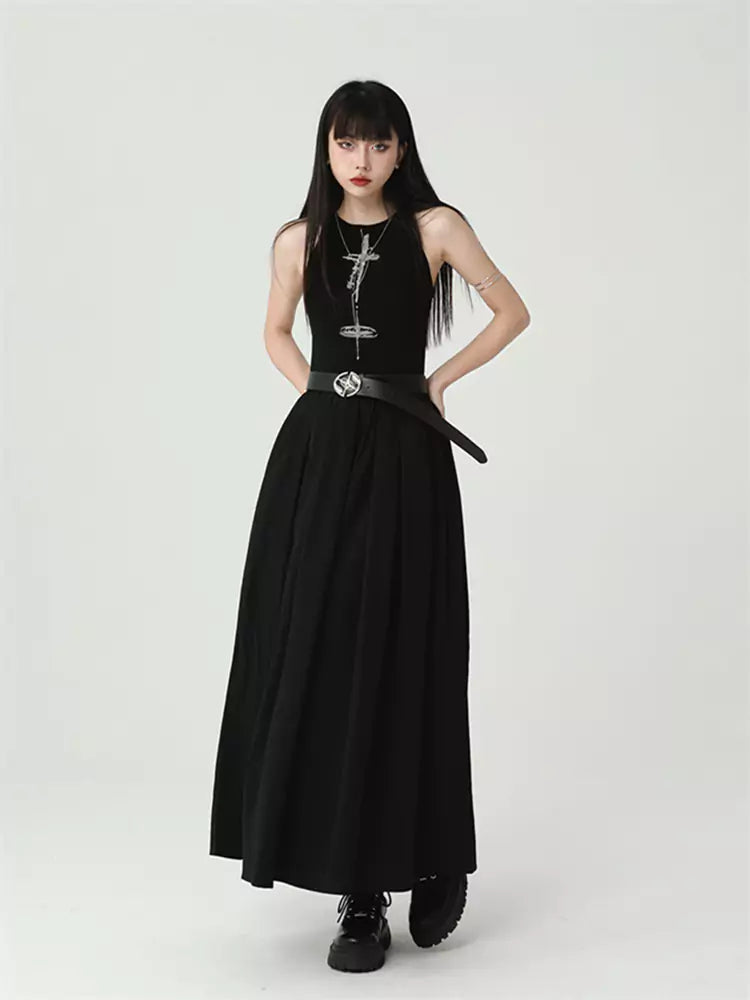 Gothic Black Cross Print Sleeveless  A-line Maxi Dress