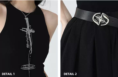 Vestido largo gótico negro con estampado de cruces, sin mangas y corte A