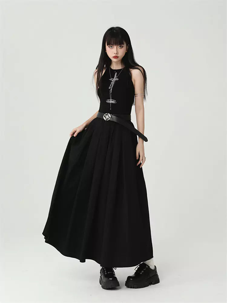 Gothic Black Cross Print Sleeveless  A-line Maxi Dress