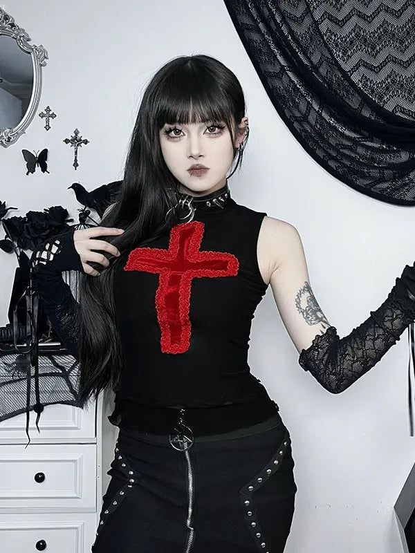 Gothic Dark Cross Embroidery Lace Patch Slim Top