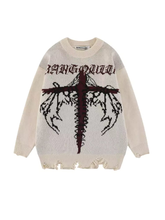 Gothic Distressed Knit Sweater with Demonic Intarsia