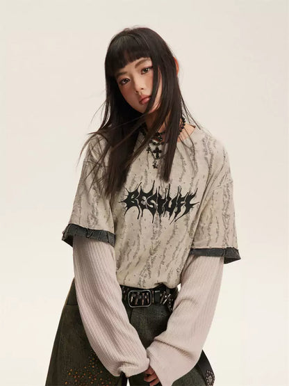 Gothic-Sweatshirt mit gestickten Buchstaben in Zweiteiler-Optik und Rundhalsausschnitt