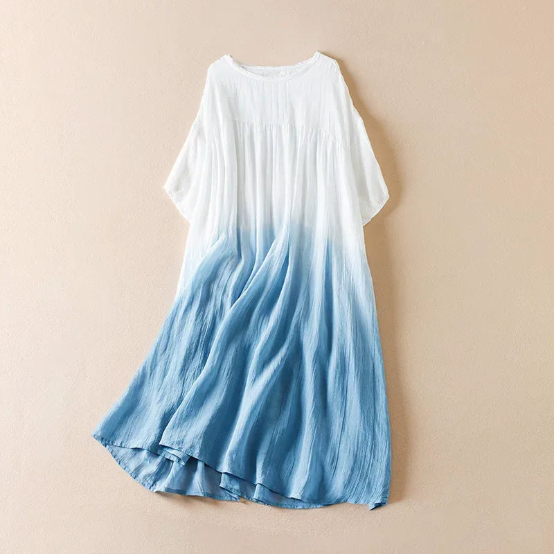 Gradient Dye Ramie Texture Empire Waist Midi Dress