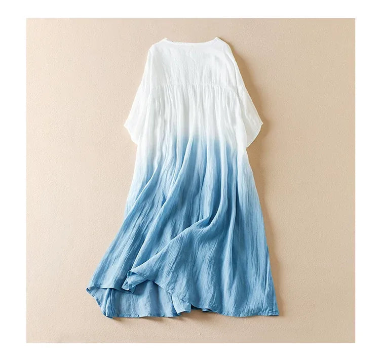 Gradient Dye Ramie Texture Empire Waist Midi Dress
