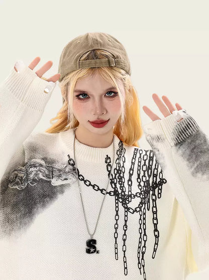 Gradient Vintage Oversized Ripped Knit Sweater