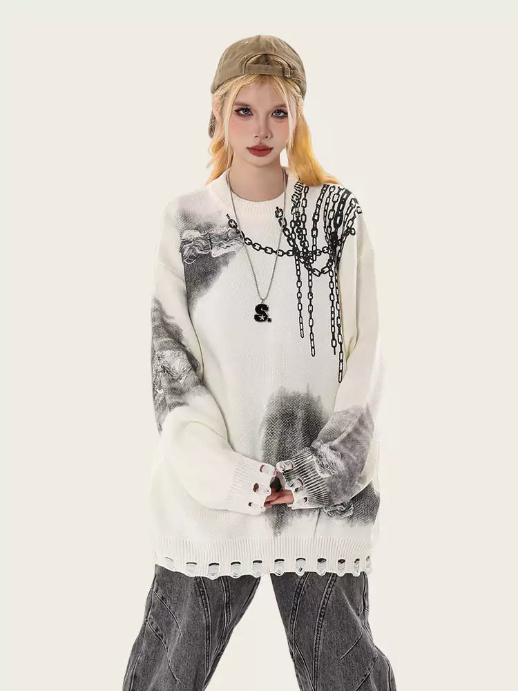 Gradient Vintage Oversized Ripped Knit Sweater
