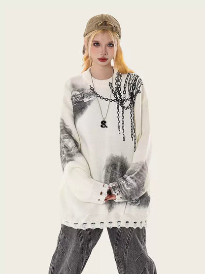 Gradient Vintage Oversized Ripped Knit Sweater