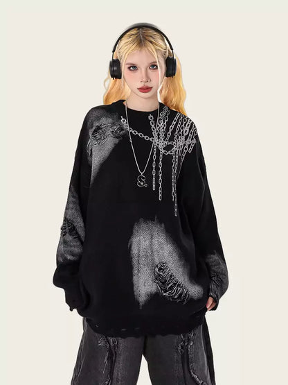 Gradient Vintage Oversized Ripped Knit Sweater