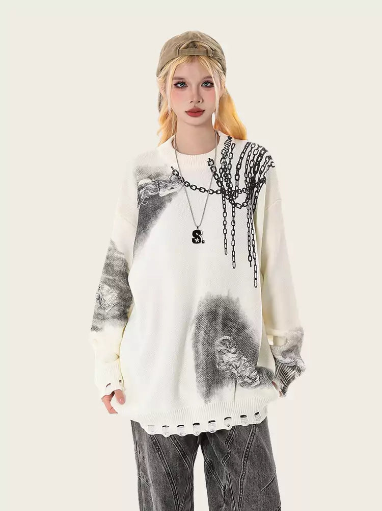 Gradient Vintage Oversized Ripped Knit Sweater