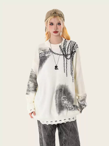 Gradient Vintage Oversized Ripped Knit Sweater