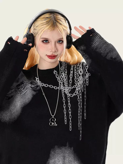 Gradient Vintage Oversized Ripped Knit Sweater