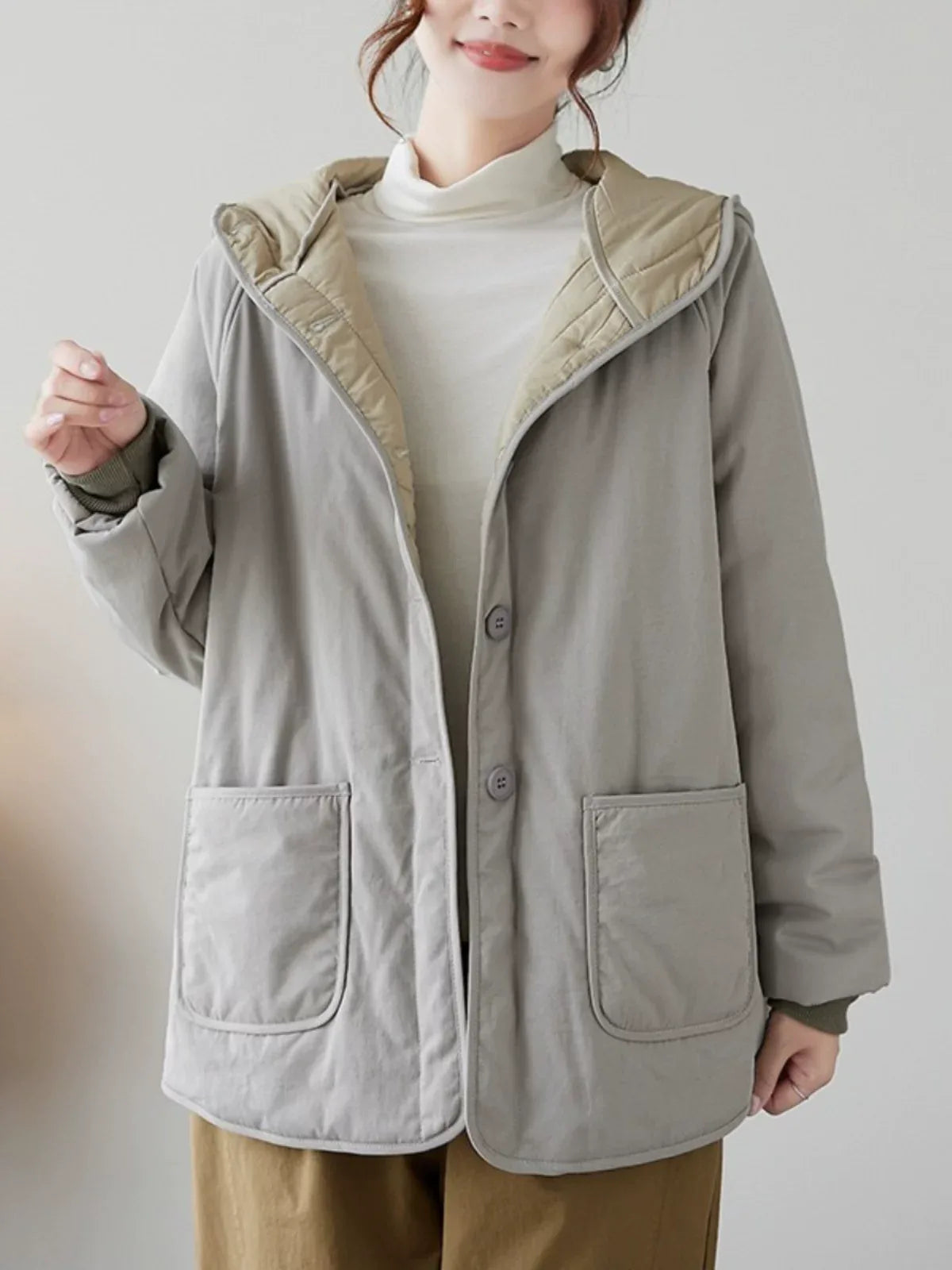 Gray Hooded Padded Jacket with Patch Pockets and Ribbed Cuffs