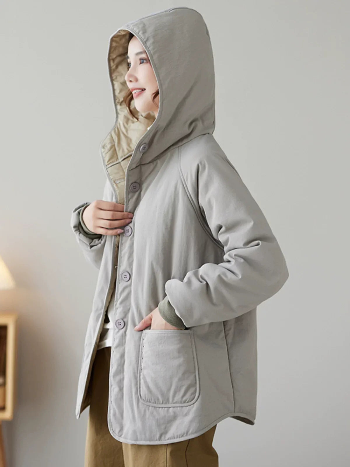Gray Hooded Padded Jacket with Patch Pockets and Ribbed Cuffs