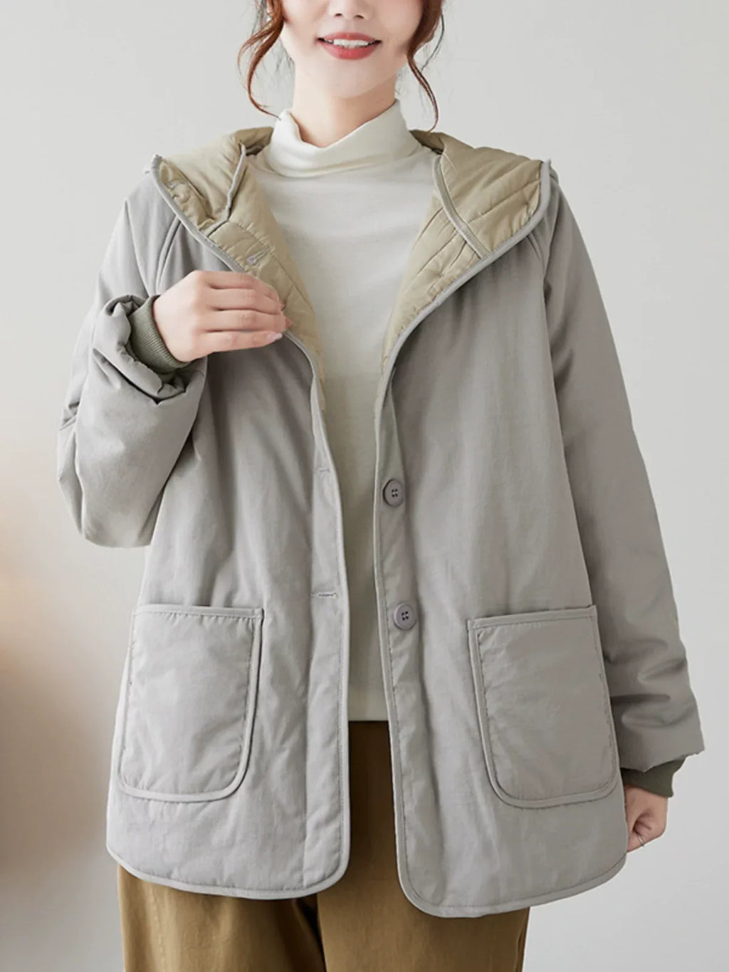 Gray Hooded Padded Jacket with Patch Pockets and Ribbed Cuffs
