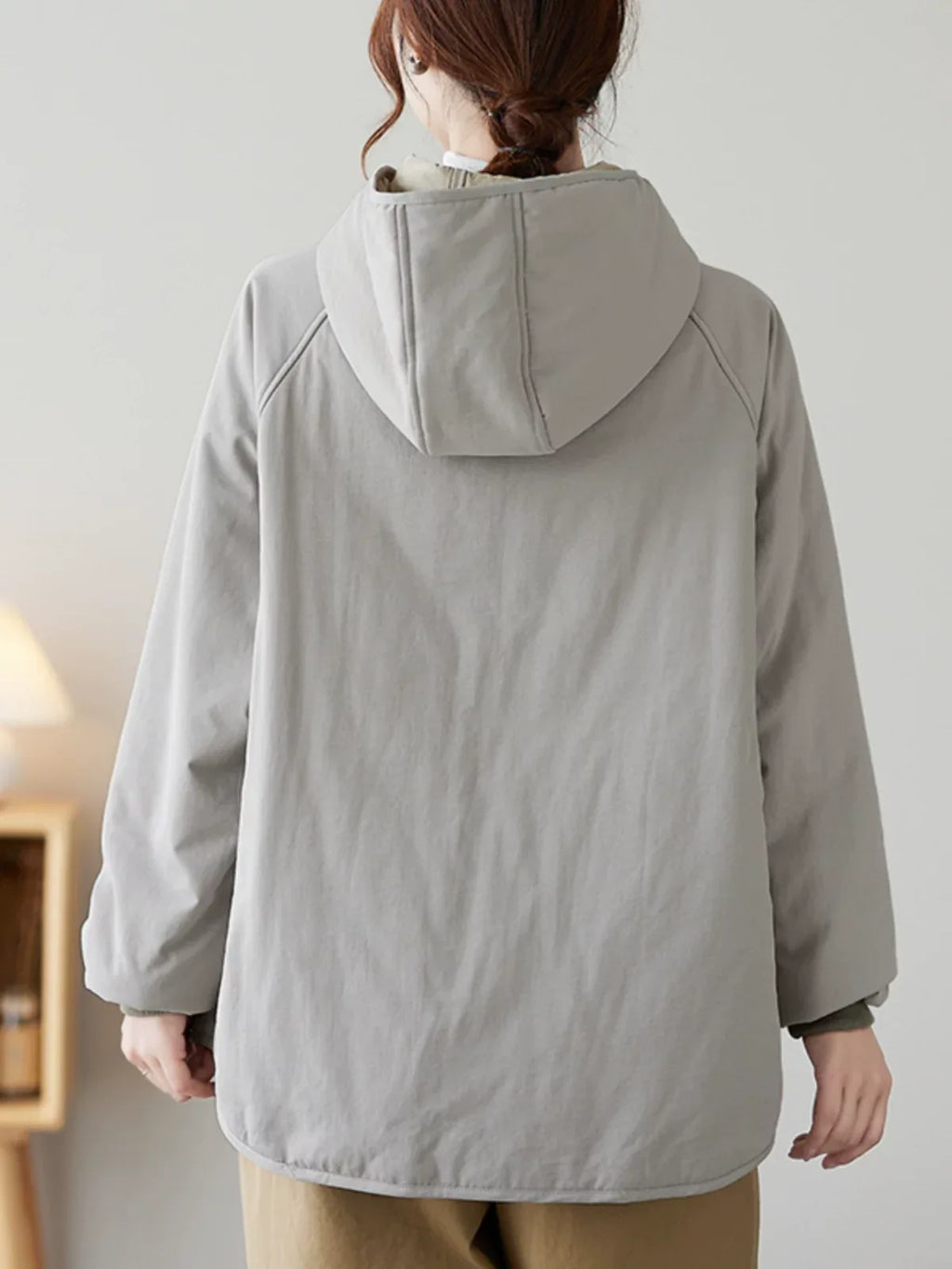 Gray Hooded Padded Jacket with Patch Pockets and Ribbed Cuffs