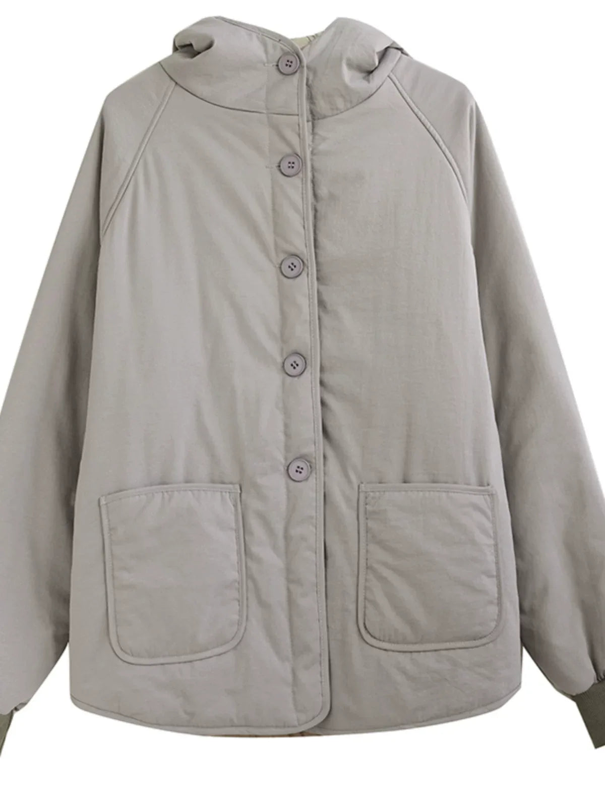Gray Hooded Padded Jacket with Patch Pockets and Ribbed Cuffs