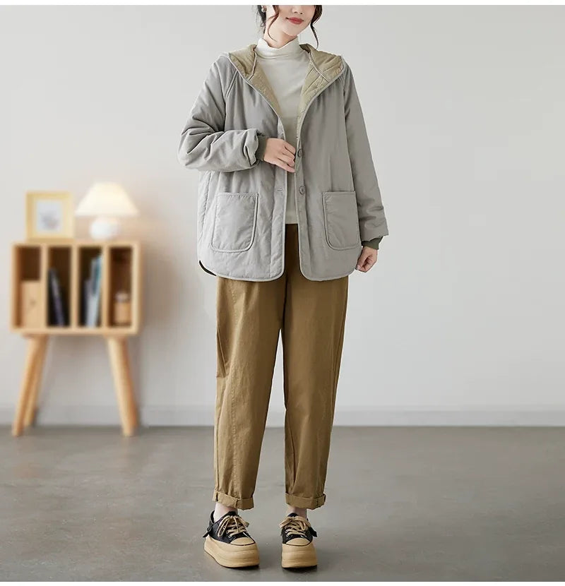 Gray Hooded Padded Jacket with Patch Pockets and Ribbed Cuffs