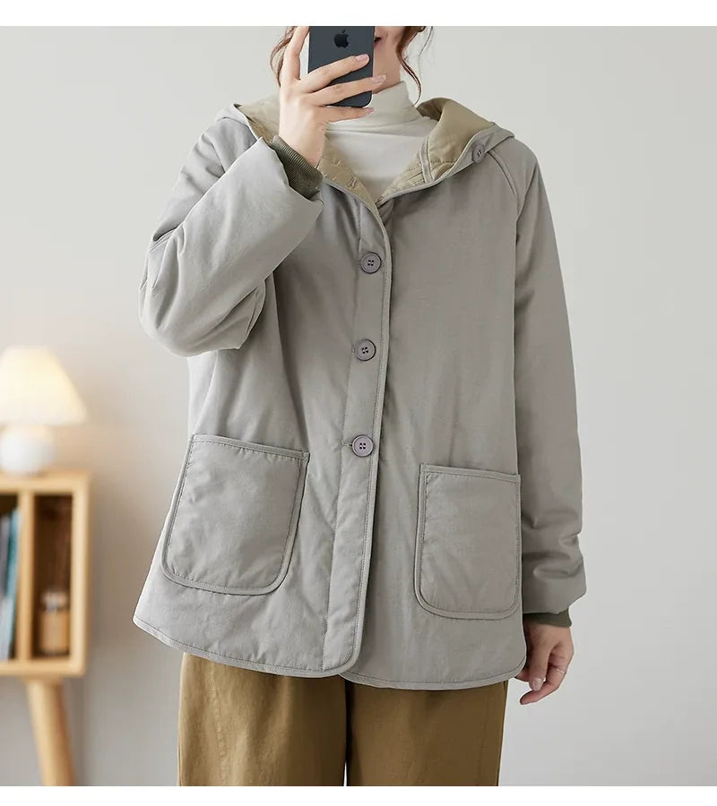 Gray Hooded Padded Jacket with Patch Pockets and Ribbed Cuffs