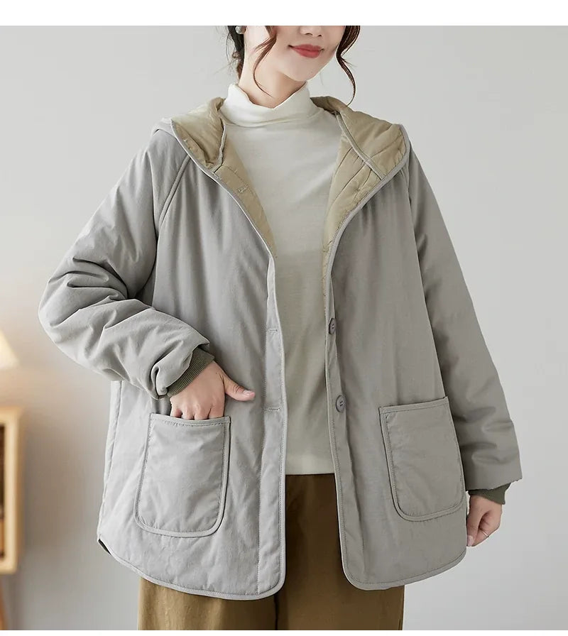 Gray Hooded Padded Jacket with Patch Pockets and Ribbed Cuffs