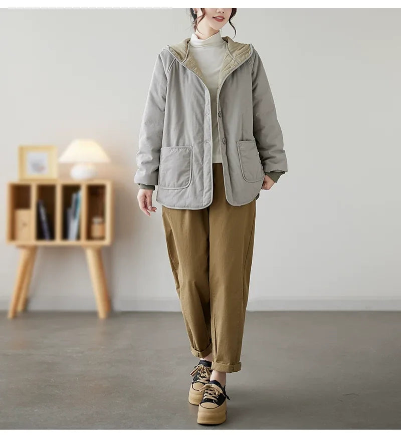 Gray Hooded Padded Jacket with Patch Pockets and Ribbed Cuffs