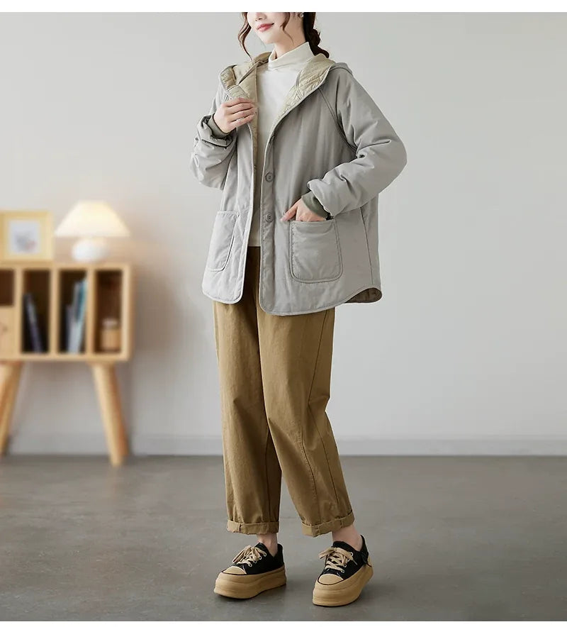 Gray Hooded Padded Jacket with Patch Pockets and Ribbed Cuffs
