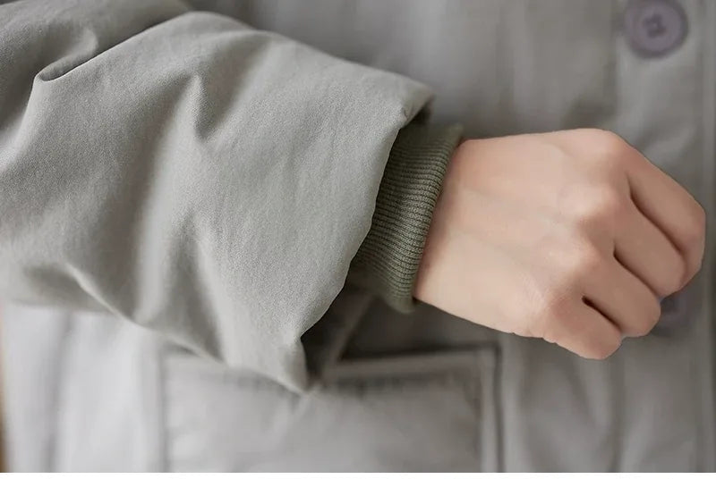 Gray Hooded Padded Jacket with Patch Pockets and Ribbed Cuffs